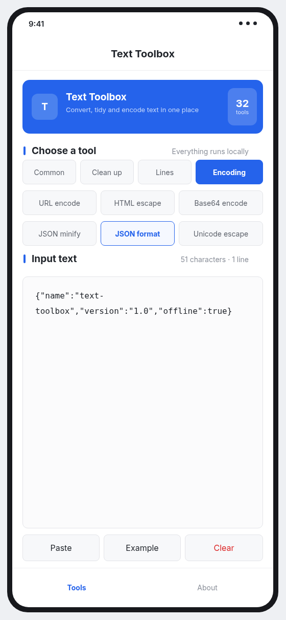 Text Toolbox mobile app interface on Android